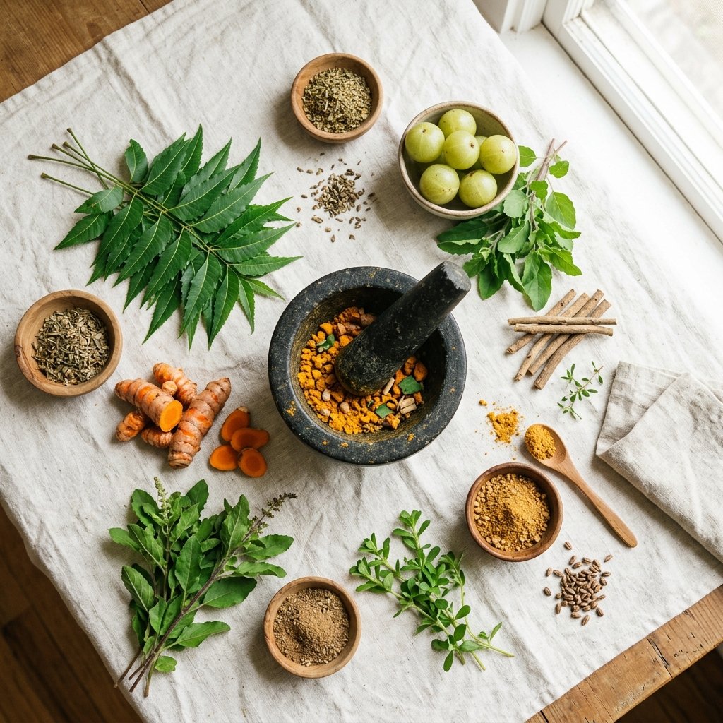 Ayurvedic herbs flatlay
