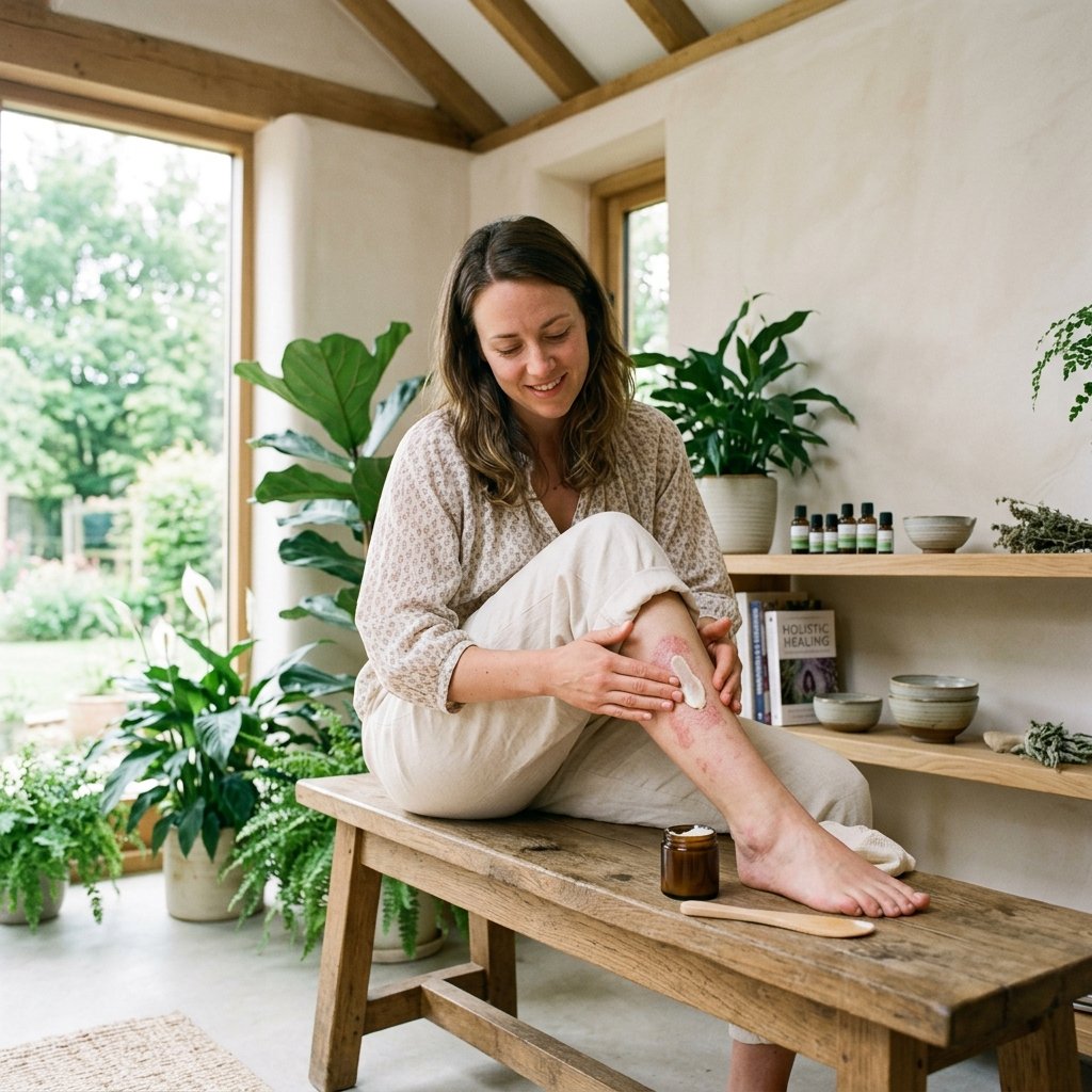 Woman applying cream to leg