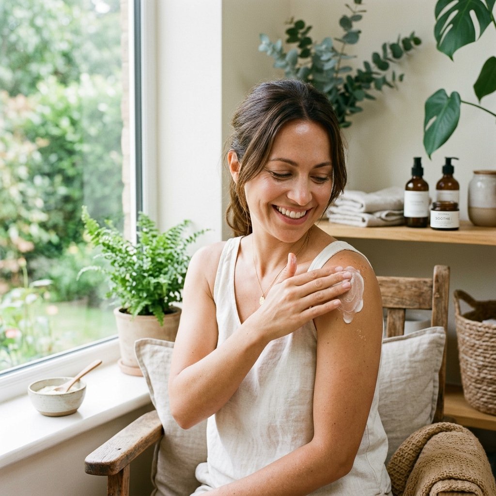 Woman applying cream to shoulder